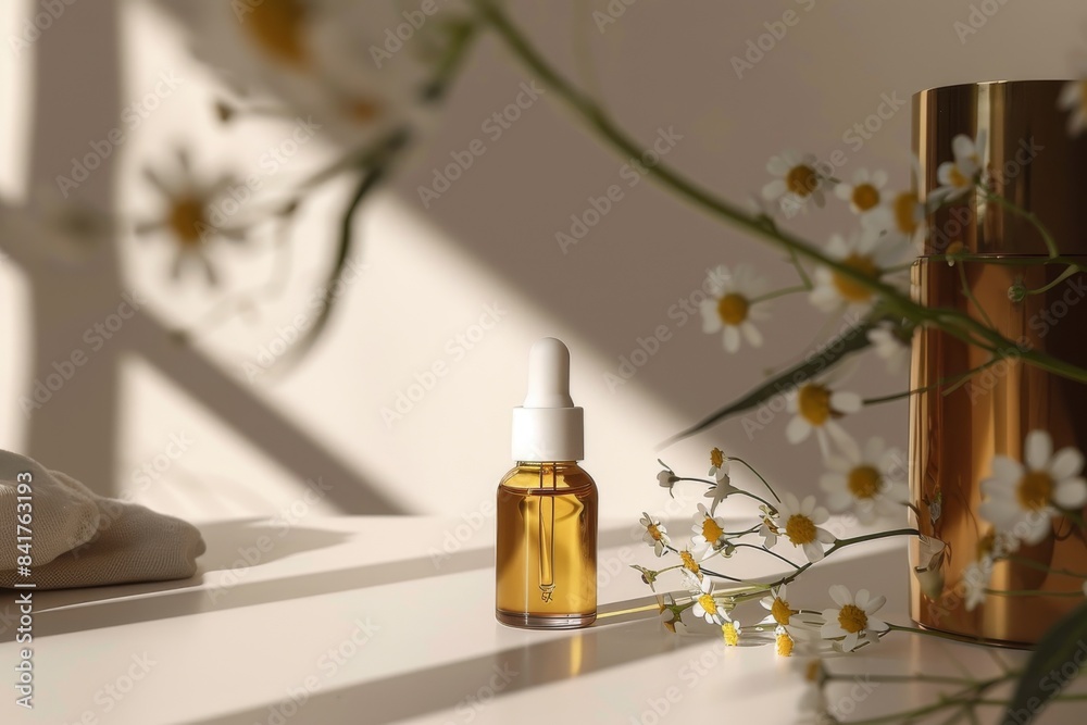glass bottle with cosmetic oil or serum on a white background with daisies light and shadows glass bottle with cosmetic oil or serum on a white background with daisies light and shadows