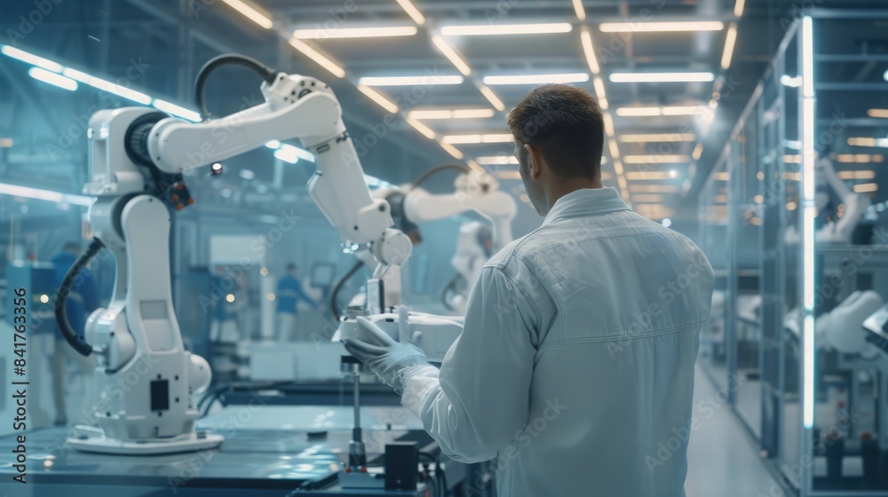 Modern manufacturing plant with engineer programming industrial robots for enhanced productivity. Smart factory automation