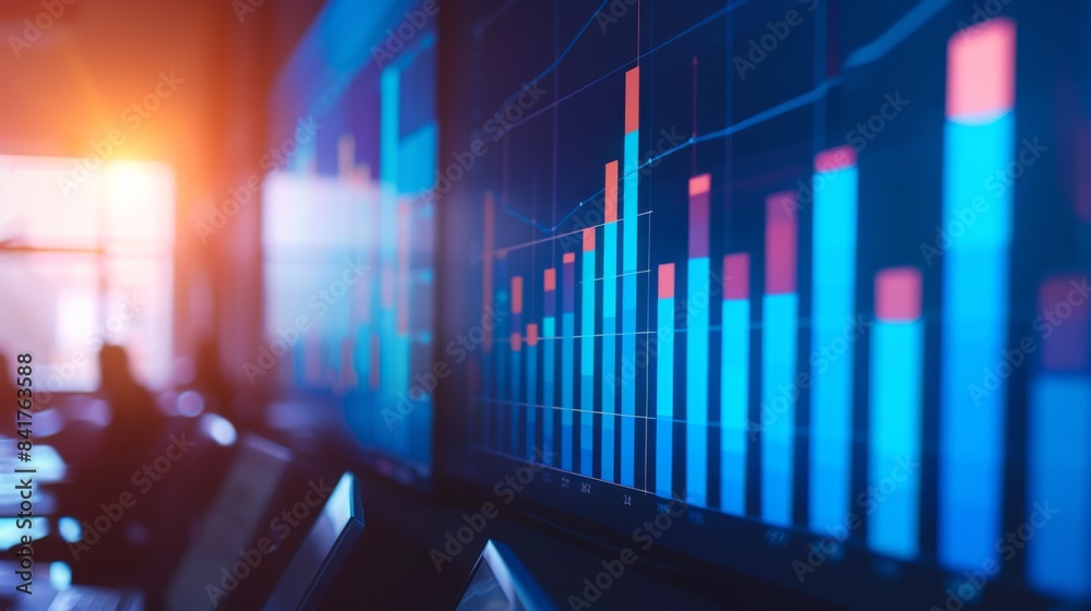 A business presentation with a bar graph displayed on a large screen, highlighting key data points and trends. A business presentation with a bar graph displayed on a large screen, highlighting key data points and trends.