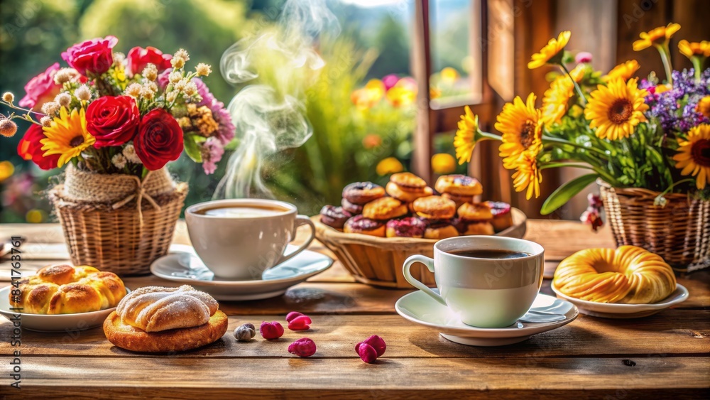 Cozy rustic cafe ambiance depicted with steaming cups, fresh pastries, and vibrant flowers on a wooden table, evoking warmth and joyful gatherings. Cozy rustic cafe ambiance depicted with steaming cups, fresh pastries, and vibrant flowers on a wooden table, evoking warmth and joyful gatherings.