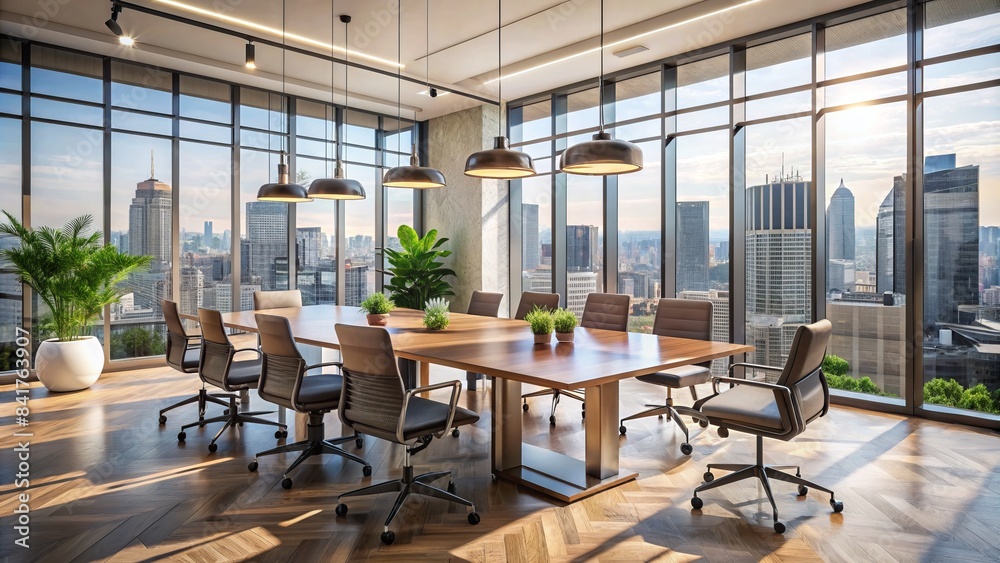 Modern city office interior featuring a large table with diverse chairs, surrounded by floor-to-ceiling windows, minimal decor, and a sleek, sophisticated ambiance. Modern city office interior featuring a large table with diverse chairs, surrounded by floor-to-ceiling windows, minimal decor, and a sleek, sophisticated ambiance.