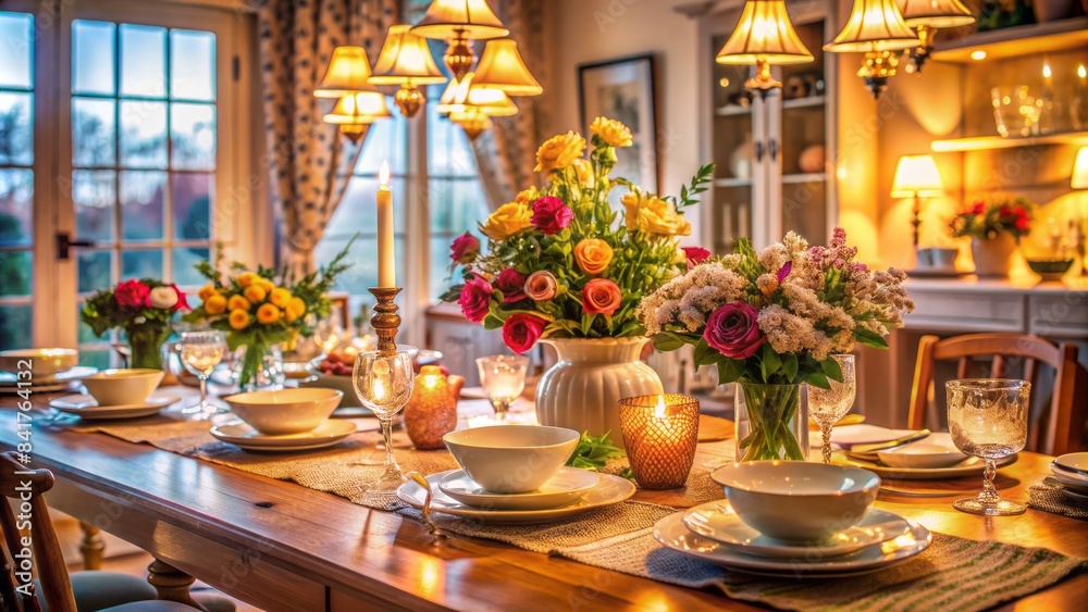 Warmly lit dining table setting with elegant dinnerware, ornate decorations, and fresh flowers, exuding warmth and coziness in a joyful domestic atmosphere. Warmly lit dining table setting with elegant dinnerware, ornate decorations, and fresh flowers, exuding warmth and coziness in a joyful domestic atmosphere.