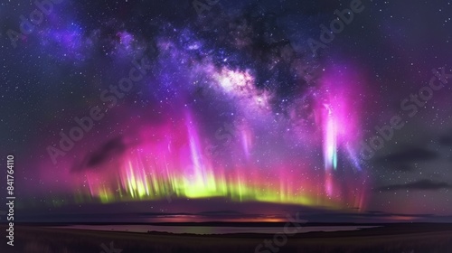 A celestial panorama of the aurora borealis stretching across the horizon  filling the night sky with celestial magic.