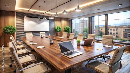 Modern conference room with empty chairs and a large wooden table, laptops, notebooks, and water glasses scattered, overhead projector screen displaying a presentation template. © DigitalArt Max