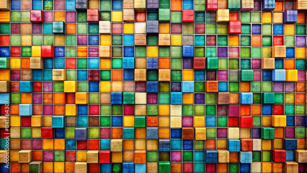 Fototapeta premium Vibrant mosaic of solid colored squares forming a larger image, symbolizing diversity, unity, and multiculturalism in modern society.