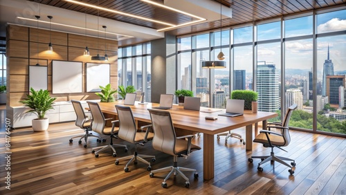 Modern office interior with empty presentation room, wooden desks, ergonomic chairs, whiteboard, and floor-to-ceiling windows, evoking a sense of productivity and innovation.