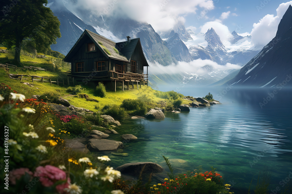 Fototapeta premium A small cabin in the middle of an endless mountains