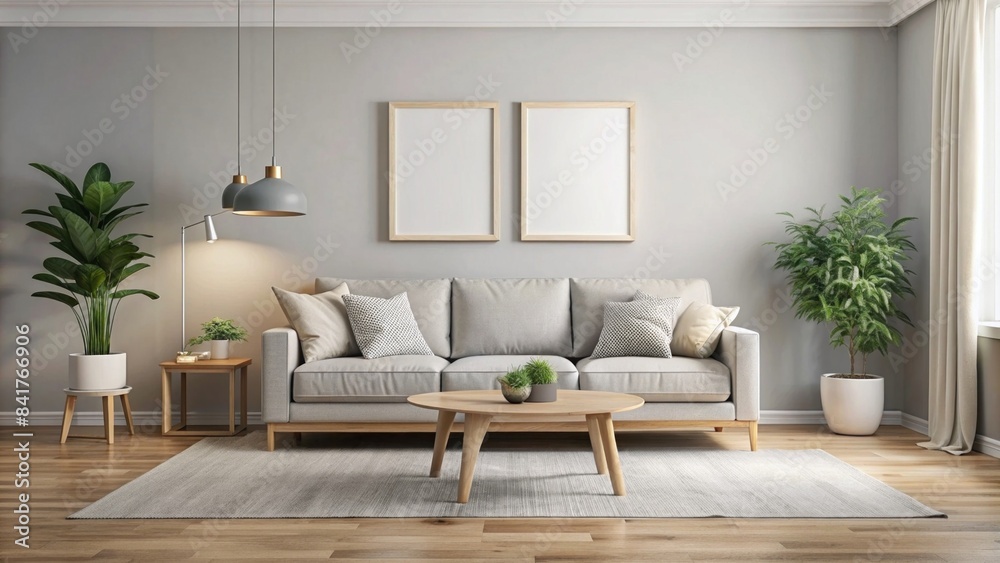 Obraz premium A sleek and stylish living room featuring minimalist decor, neutral tones