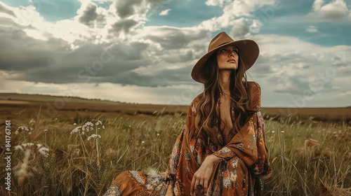 Wallpaper Mural Model in a bohemian outfit with a wide-brim hat in a field Torontodigital.ca