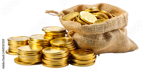 Set of golden coins bag on transparent background.