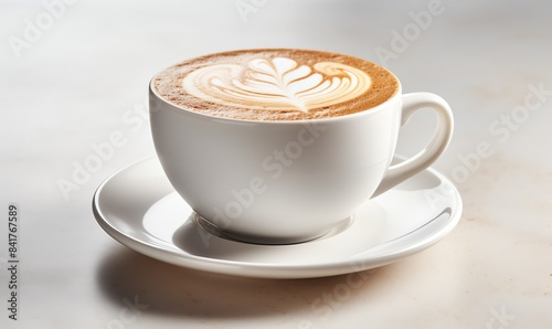Cappuccino cup in warm setting on white background