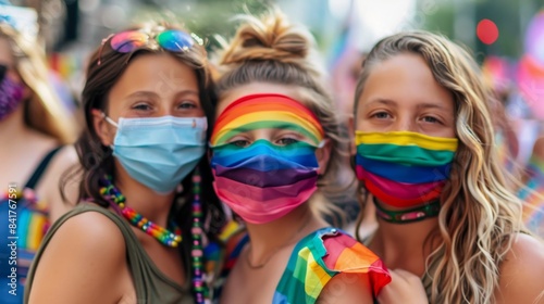  An LGBTQ+ family attending a Pride parade with matching rainbow face masks, embracing safety and celebration