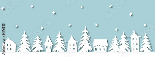 Christmas village. Winter background. Seamless border. Fairy tale winter landscape. White houses, fir trees, stars on blue background. Vector illustration