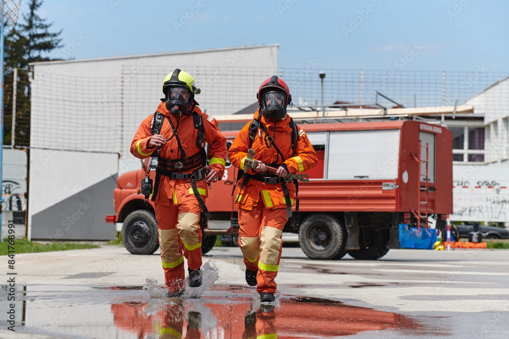 A team of confident and accomplished firefighters strides purposefully in their uniforms, exuding pride and satisfaction after successfully completing a challenging firefighting mission A team of confident and accomplished firefighters strides purposefully in their uniforms, exuding pride and satisfaction after successfully completing a challenging firefighting mission