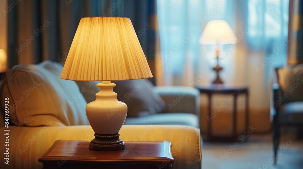 A classic table lamp with a fabric shade, placed on a side table in a cozy, well-decorated living room. A classic table lamp with a fabric shade, placed on a side table in a cozy, well-decorated living room.