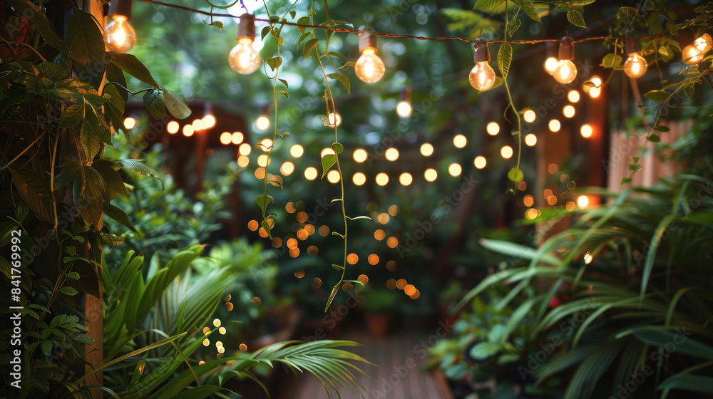 Outdoor garden party with string lights and lush plants Outdoor garden party with string lights and lush plants