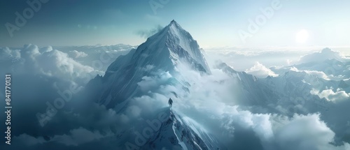 Breathtaking view of a climber standing atop a snow-covered mountain peak, surrounded by clouds and vast mountain range. Sunrise lights the horizon.