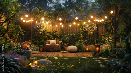Outdoor garden party with string lights and lush plants