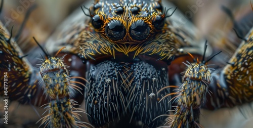 Close-up macro photo of a spider showing intricate details of its legs and eyes  highlighting the textures and colors.