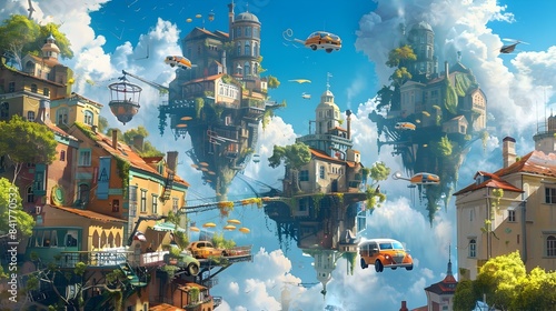 Whimsical Floating Cityscape with Futuristic Imagery and Imaginative Details