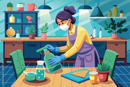 a girl cleaning the kitchen countertops. She is wearing gloves and an apron. the theme of cleanliness and the routine task of maintaining hygiene in the home.
