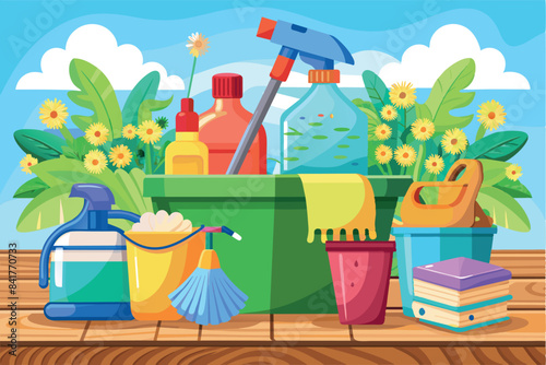 depicts various cleaning products. there is a bucket filled with bottles containing cleaning liquids.