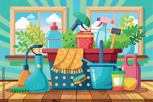 depicts various cleaning products. there is a bucket filled with bottles containing cleaning liquids.