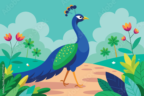 A peacock with a complex and open tail with many eyes on it. It stands on a path surrounded by lush greenery, flowers and trees.