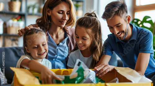 Parents teaching children about recycling at home