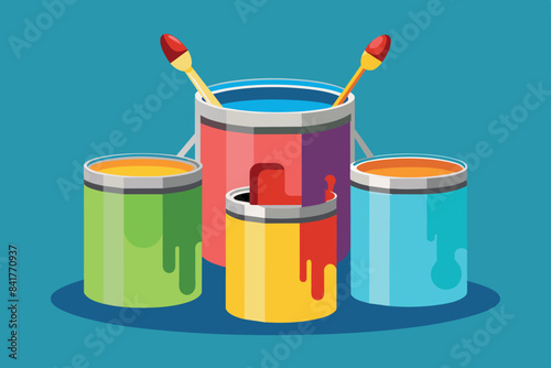 paint cans with bright splashes in the background, suggestive of painting or art. They are painted in blue, red and yellow, which are the primary colors. The painting brush is dipped into the jar.