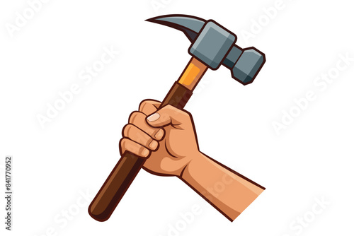 The hand holding the hammer has a brown handle and gray head, indicating it is made of metal. Theme of tools, construction, manual labor, or do-it-yourself projects. 
