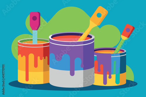 paint cans with bright splashes in the background, suggestive of painting or art. They are painted in blue, red and yellow, which are the primary colors. The painting brush is dipped into the jar.