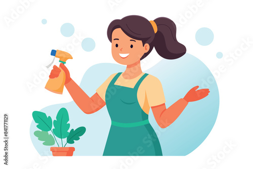 A cleaning lady is holding a spray and cleaning a window.  In the background you can see the street through the window, blue sky and greenery. Inside the room are plants on a windowsill and various it