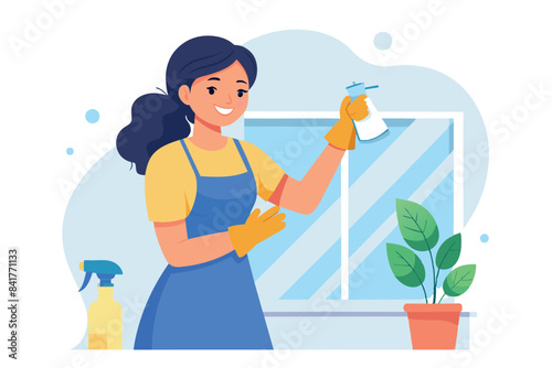 A cleaning lady is holding a spray and cleaning a window.  In the background you can see the street through the window, blue sky and greenery. Inside the room are plants on a windowsill and various it