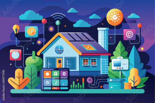 Depicts a house with various connected devices, solar panels, weather station and smart appliances. Icons indicate technologies and connectivity such as Wi-Fi, solar power and mobile devices to contro
