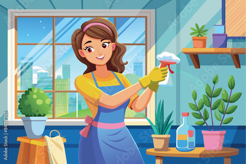 A cleaning lady is holding a spray and cleaning a window.  In the background you can see the street through the window, blue sky and greenery. Inside the room are plants on a windowsill and various it