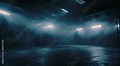 Abandoned empty warehouse with smoke and dramatic spotlights