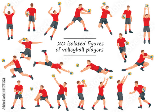 Vector figures of volleyball team players in red T-shirts in various poses training, running, jumping, throwing, hitting the ball
