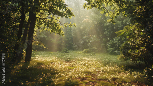 Peaceful woodland clearing with sunlight dappling through leaves