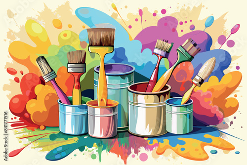 bright and colorful art supplies. paint cans filled with an assortment of paint brushes. The background is a dynamic and abstract blur of different colors,