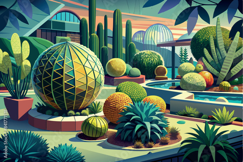 A botanical garden or greenhouse. plants and cacti, and a spherical structure reminiscent of a terrarium is present. The environment is abundant with flowers, water pools and rounded hillsides
