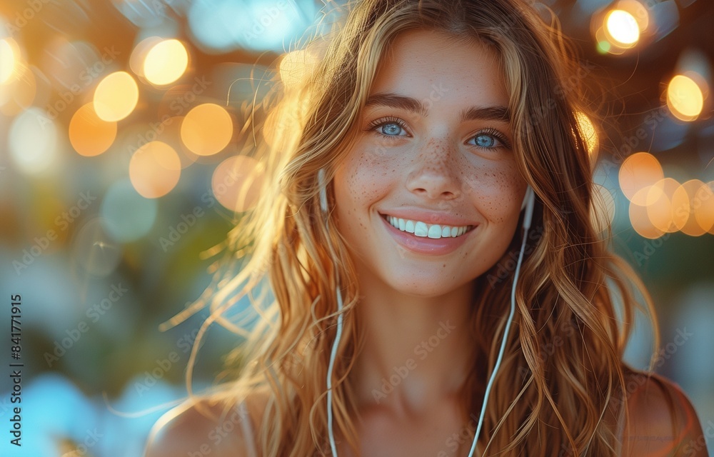 Fototapeta premium Happy young woman enjoys listening to music through headphones while walking down a bustling city street