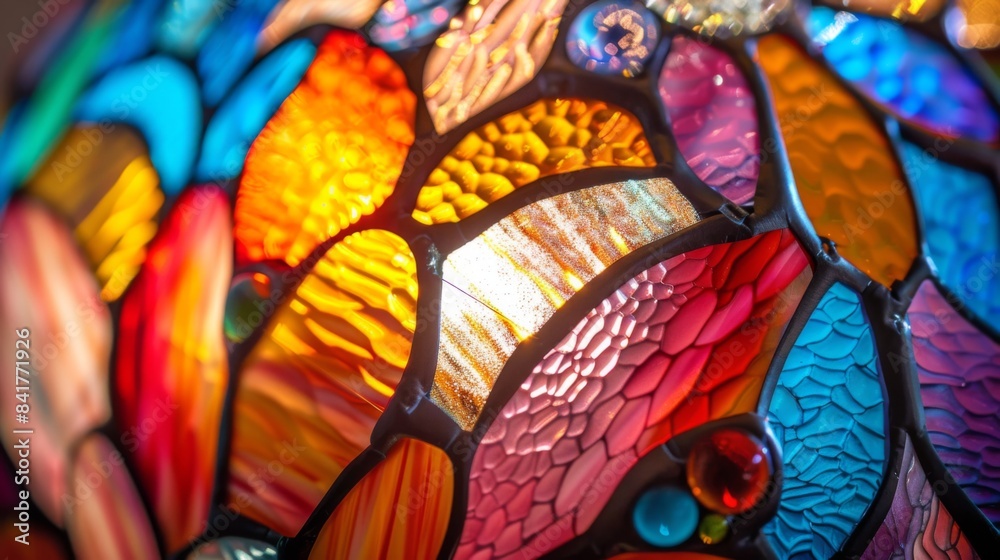 A close-up of a decorative stained glass lamp, showcasing its intricate patterns and vibrant colors.