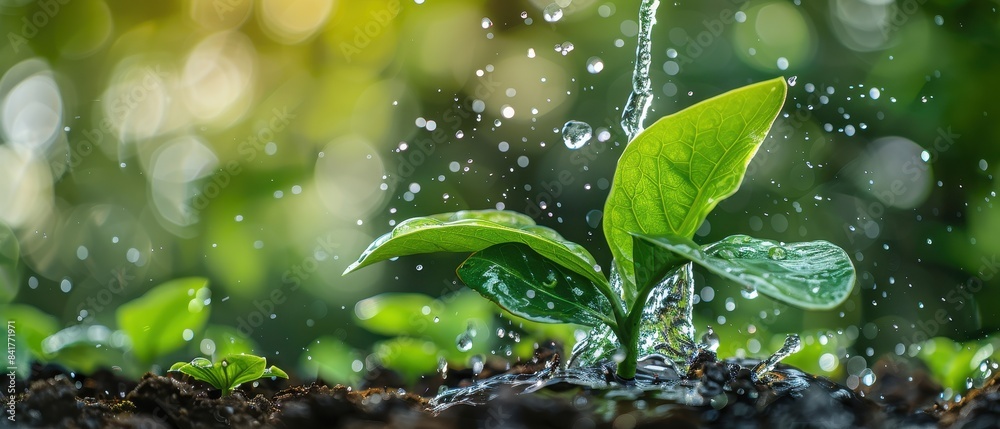 Close-up of a small plant being watered, capturing the essence of growth, nature, and nurturing in a lush garden setting. Close-up of a small plant being watered, capturing the essence of growth, nature, and nurturing in a lush garden setting.