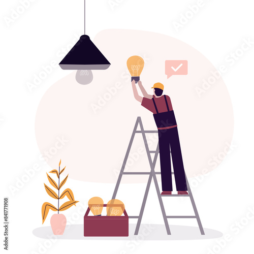Change lamp. Replacing light bulb. Electrician changes broken lamp. Technician standing on ladder and work. Innovation in lighting. Technical worker
