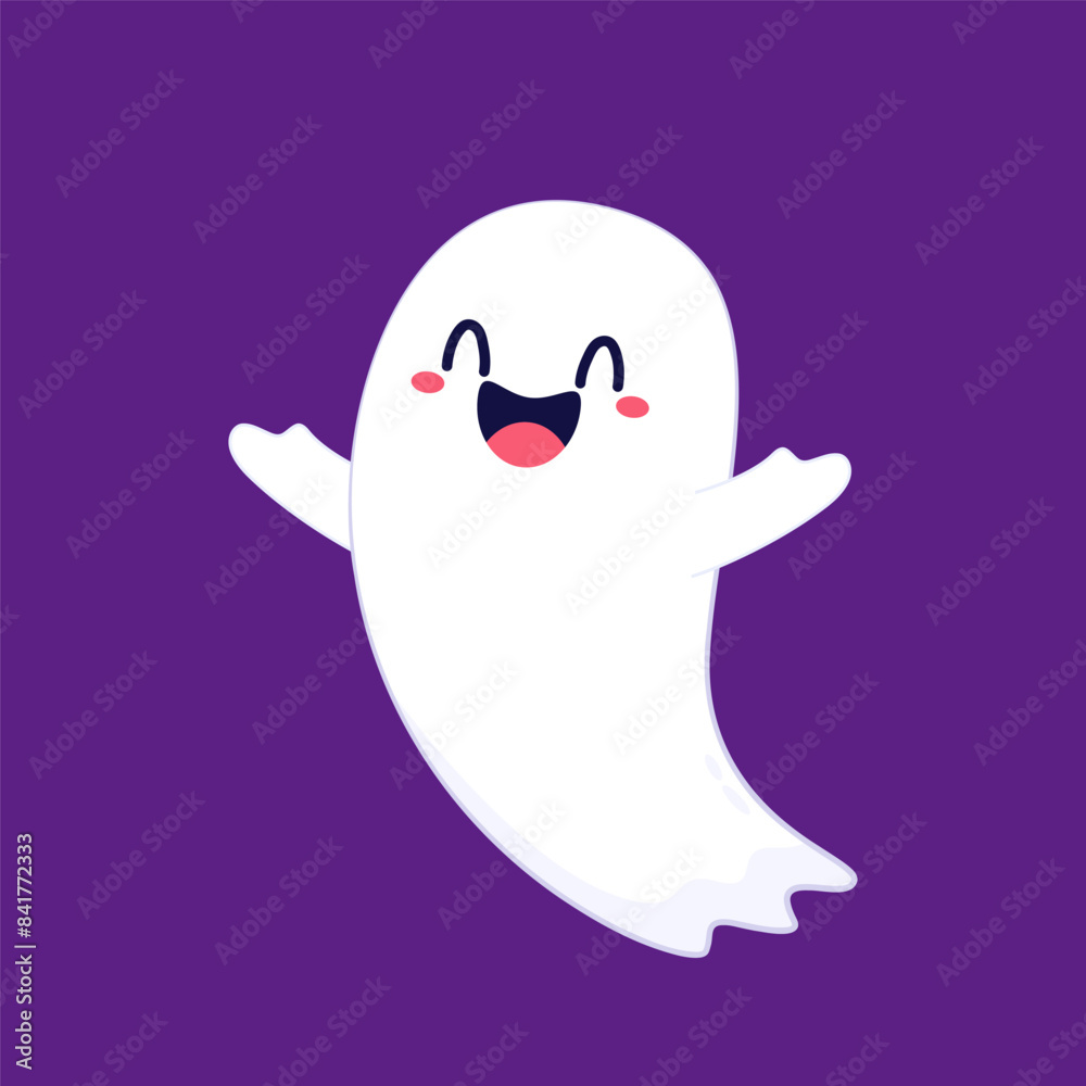 Cute ghost floating with Halloween pumpkin basket for Trick or Treat. Funny spooky boo character. Spook phantom with happy smiling face expression. Isolated kids flat vector illustration.