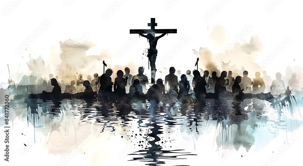 Watercolor scene of Jesus on the cross. The concept of a punk stormy ...