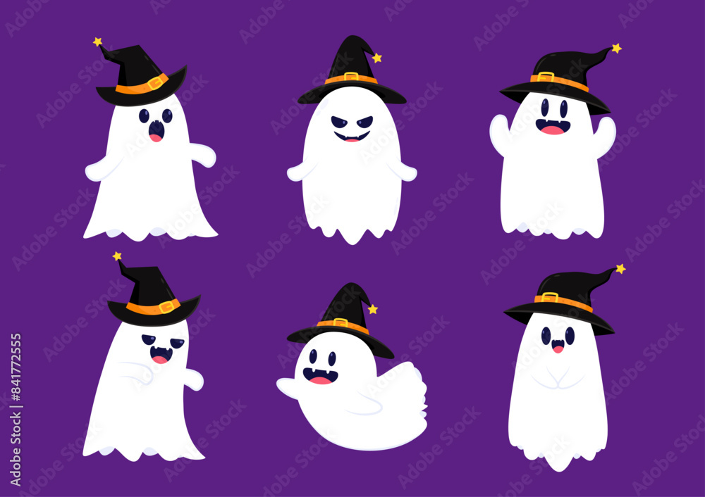 Fototapeta premium Cute ghost floating with Halloween pumpkin basket for Trick or Treat. Funny spooky boo character. Spook phantom with happy smiling face expression. Isolated kids flat vector illustration.