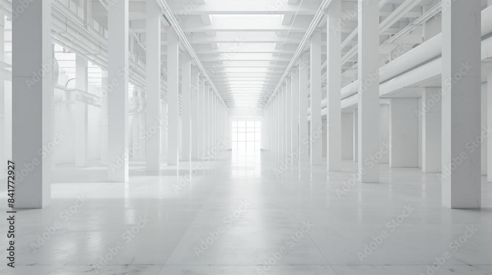 An empty big white clean warehouse. Background image. Created with Generative AI technology. An empty big white clean warehouse. Background image. Created with Generative AI technology.