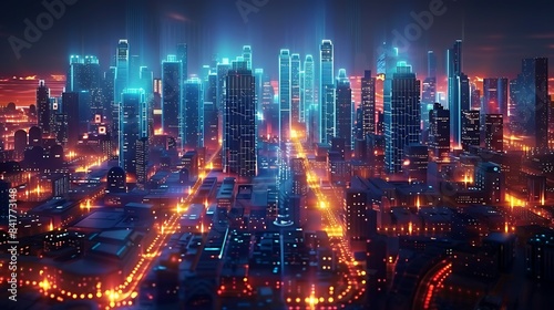  Smart city on a dark blue background, featuring intelligent infrastructure and connected buildings. This futuristic cityscape showcases IoT, 5G © Rana